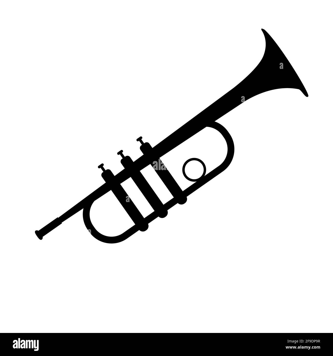 icona a tromba su sfondo bianco. stile piatto. simbolo della silhouette a tromba. simbolo dello strumento musicale a tromba. Foto Stock
