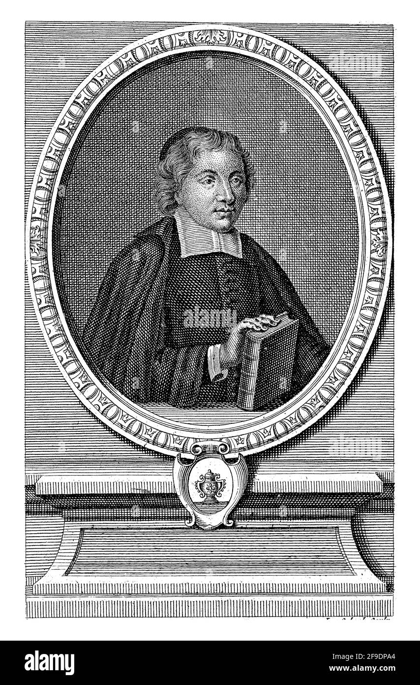 Ritratto a destra del pastore Pierre Nicole in una cornice ornamentale. La sua mano destra poggia su un libro. Sotto il ritratto il nome della persona po Foto Stock