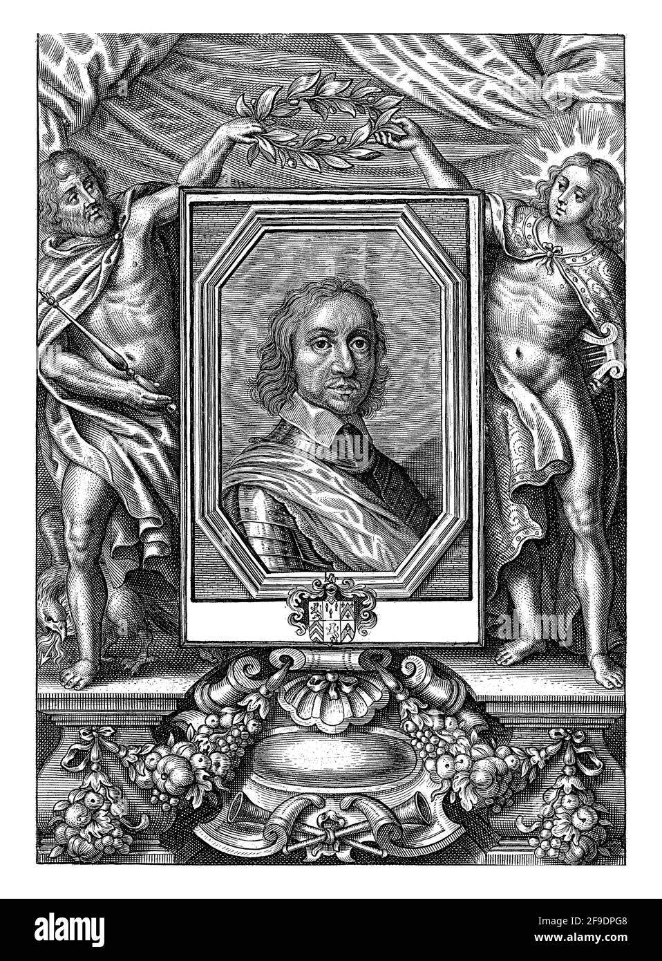 Ritratto in una cornice ovale di Oliver Cromwell, Signore protettore d'Inghilterra. Busto verso destra. Cromwell indossa un'armatura. Foto Stock