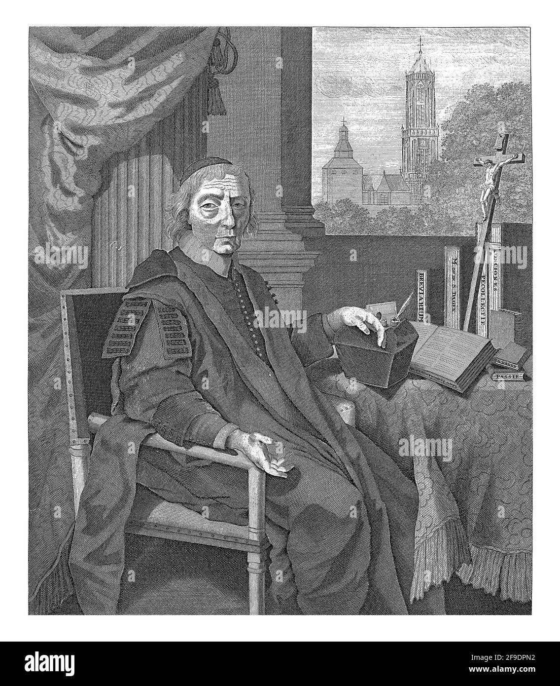 Ritratto di padre Abraham van Brienen nel suo studio con vista sulla torre del Duomo e la chiesa vicina a Utrecht. Van Brienen siede al tavolo Foto Stock