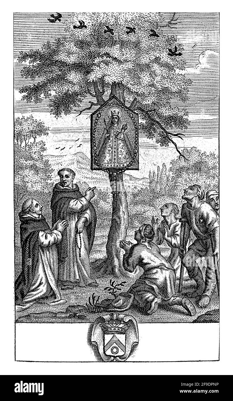 Una cappella a Raspaillebos (Geraardsbergen), dedicata alla Madonna della gioia (o nostra Signora della gioia). Al centro della stampa una struttura ad albero con un'immagine Foto Stock