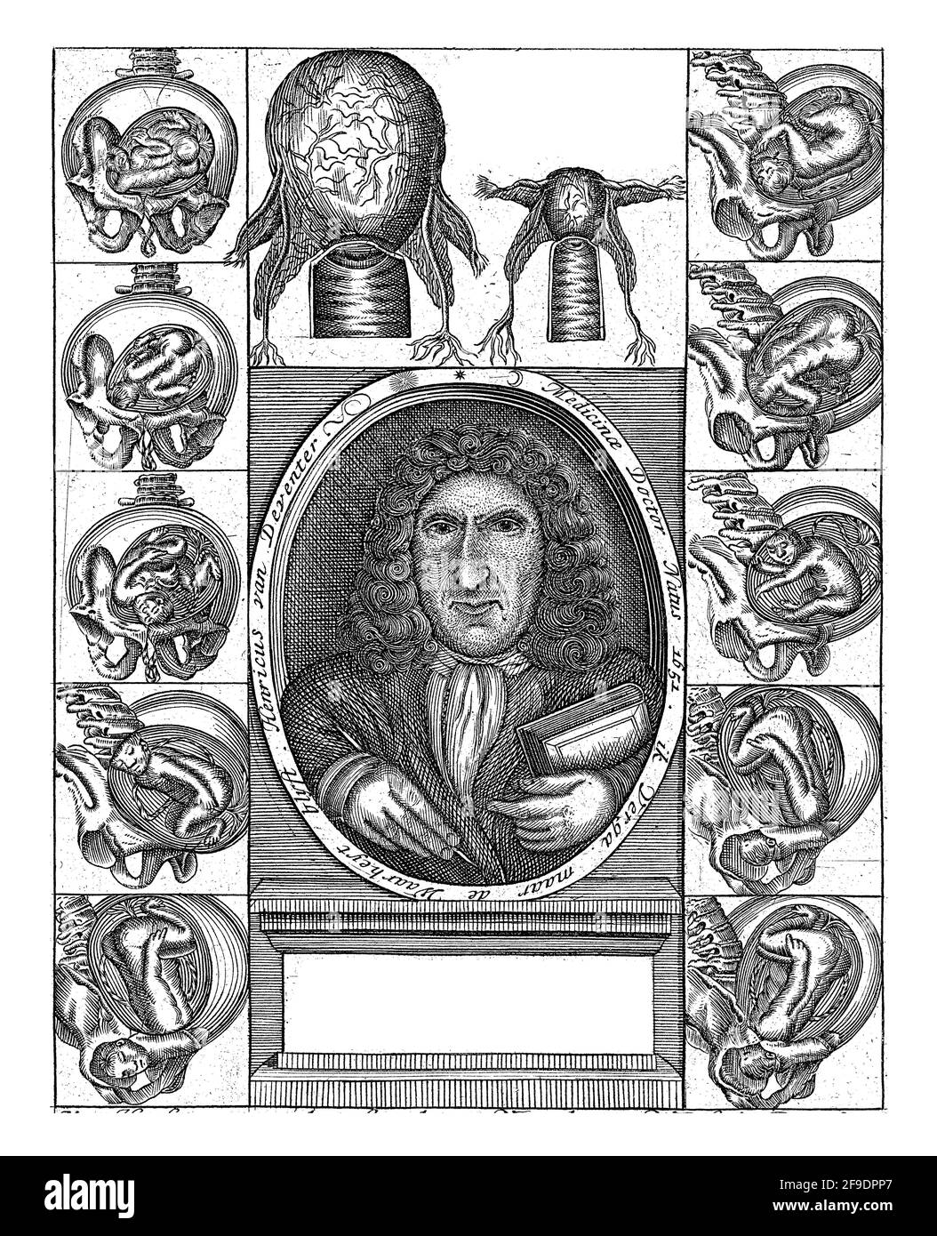 Ritratto di Hendrik van Deventer in ovale sul piedistallo tra disegni anatomici di grembo con feto. Quattro Scritture si riferiscono al dovere della casalinga Foto Stock