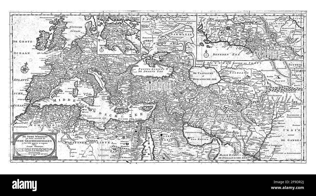 Mappa del mondo antico. In basso a sinistra il titolo cartouche con una spiegazione delle abbreviazioni utilizzate in basso. In alto a destra, un inset con una mappa Foto Stock