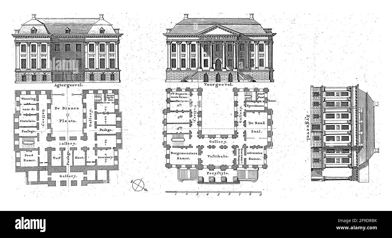La facciata posteriore, la facciata anteriore, la facciata laterale e i piani a due piani del municipio di Groningen, completato nel 1810. Foto Stock