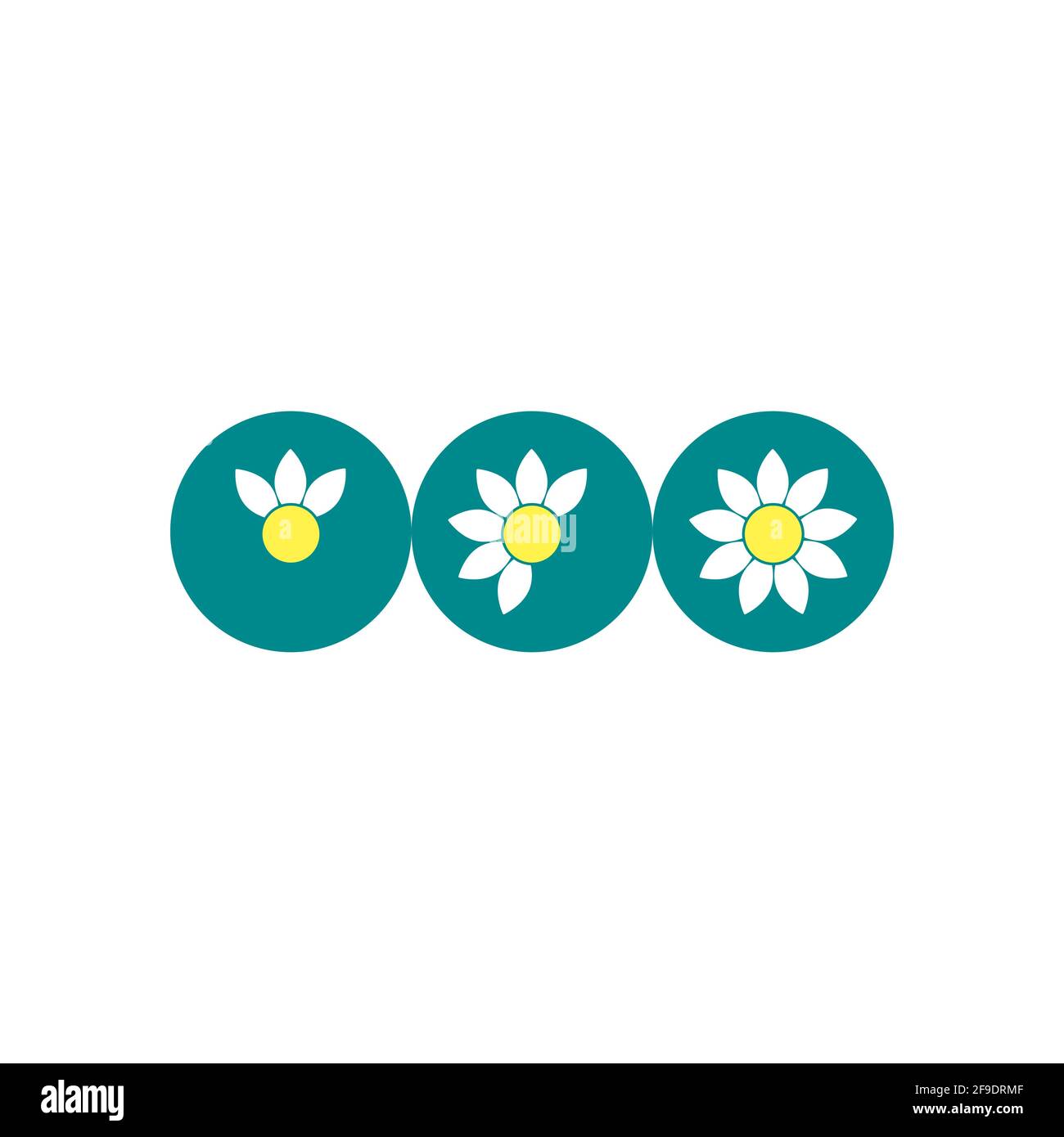 3 fiori con numero diverso di petali in cerchi blu. Icona piatta del vettore di processo in crescita. Crescita, complessità, livello di difficoltà, pulsanti di fase. ISOL Illustrazione Vettoriale
