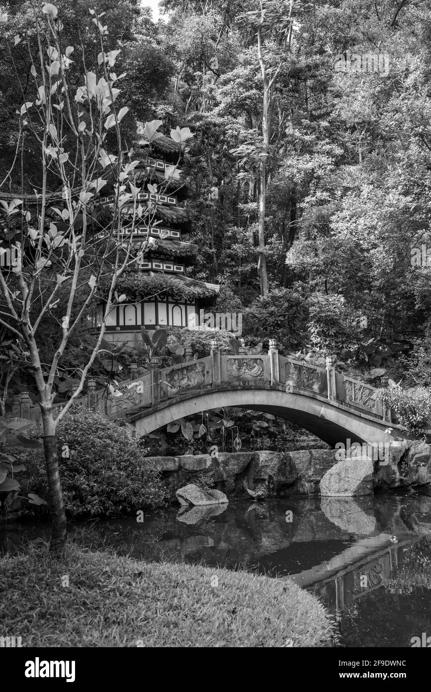 Shenzhen, Cina. Ottobre 2019. La pagoda e il ponte in pietra nel Giardino Internazionale di Shenzhen e il Parco Fiower Expo. Il parcheggio svolge più funzioni, Foto Stock