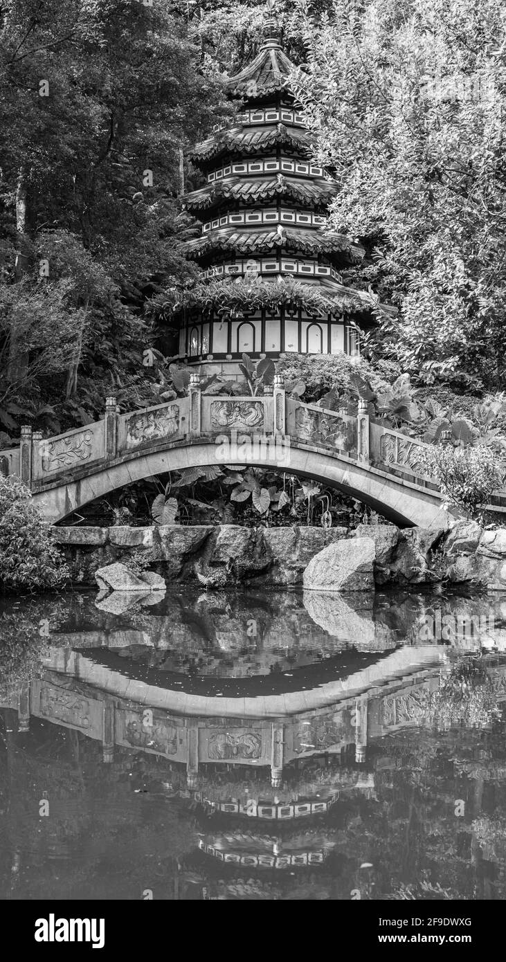 Shenzhen, Cina. Ottobre 2019. La pagoda e il ponte in pietra nel Giardino Internazionale di Shenzhen e il Parco Fiower Expo. Il parcheggio svolge più funzioni, Foto Stock