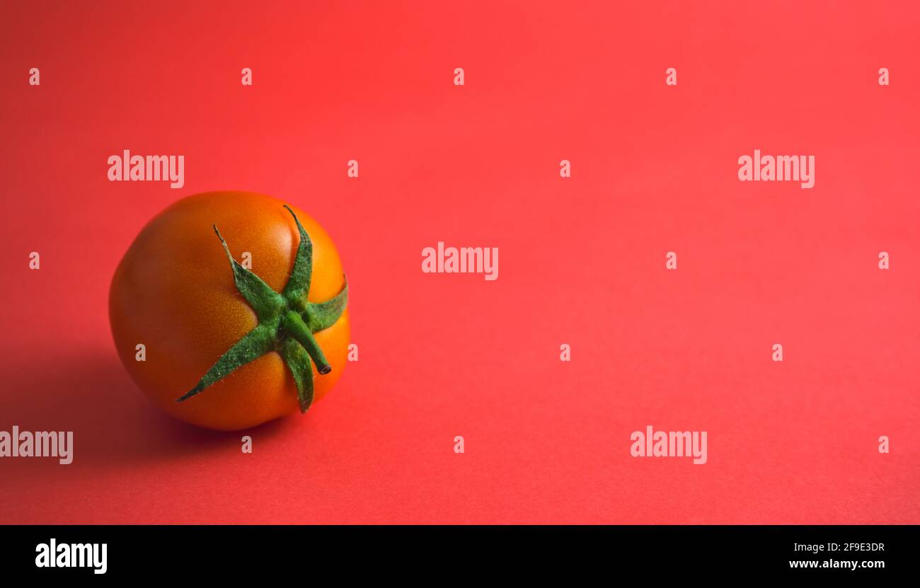 Piatto di pomodoro su sfondo rosa. Testa sopra, scatto medio, orizzontale, vita morta, stile di fotografia alimentare. Composizione decentrata, spazio di copia. Foto Stock