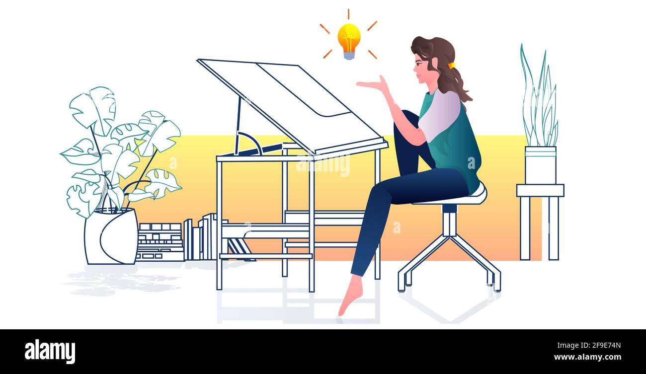 architetto disegno su tavola regolabile panning progetto nuova idea creativa illustrazione vettoriale orizzontale dell'interno di concept draftsman studio Illustrazione Vettoriale