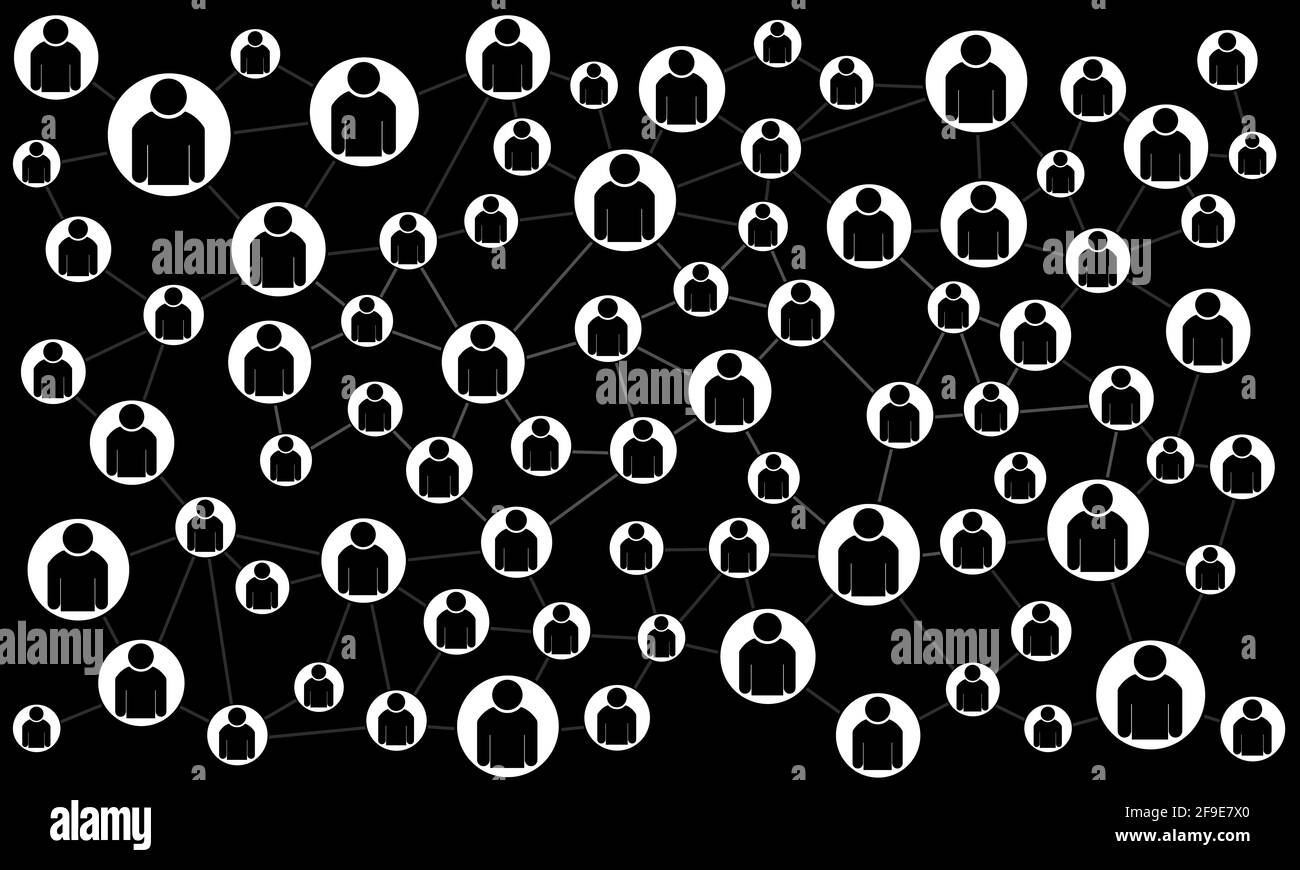 Un'illustrazione delle icone umane collegate con un Web contro uno sfondo scuro - concetto di rete Foto Stock
