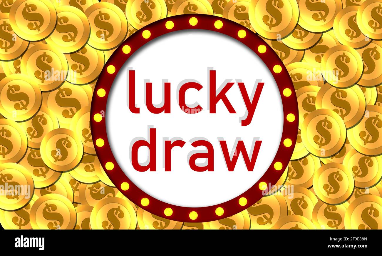 Un'illustrazione di un badge rotondo "Lucky Draw" circondato da monete d'oro con i segni del dollaro su di loro Foto Stock