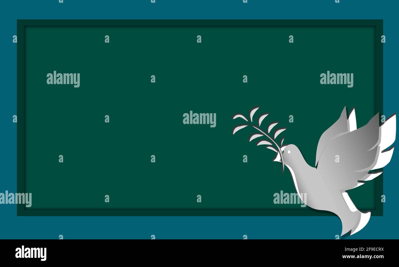 Un'illustrazione di una colomba che tiene un ramo di olive dentro lo sfondo verde con i confini blu - pace Foto Stock