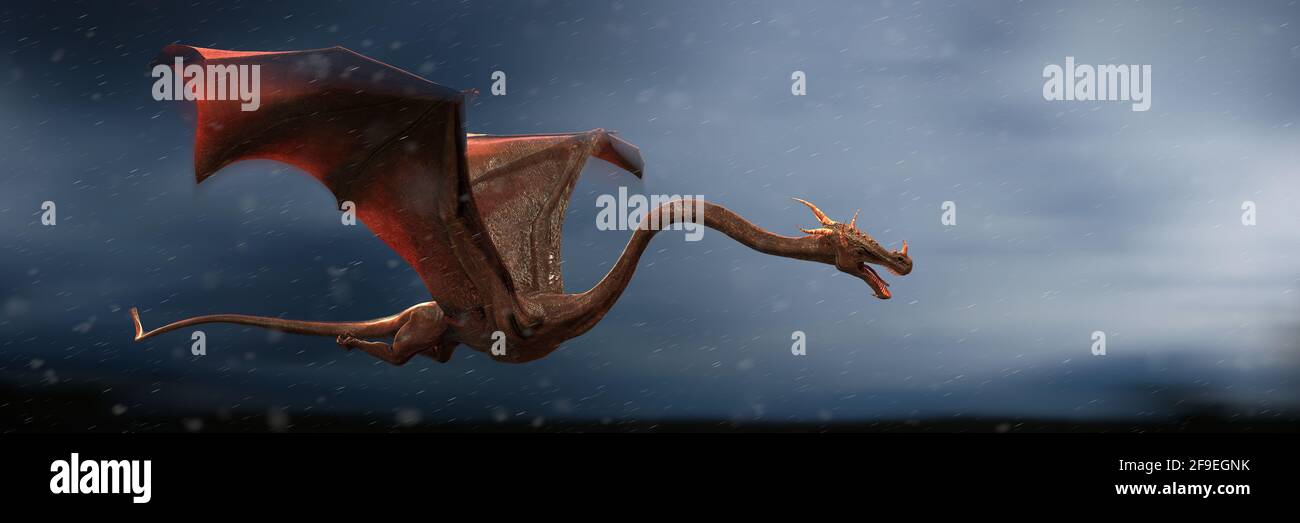 drago, creatura umida che vola attraverso una tempesta pesante Foto Stock