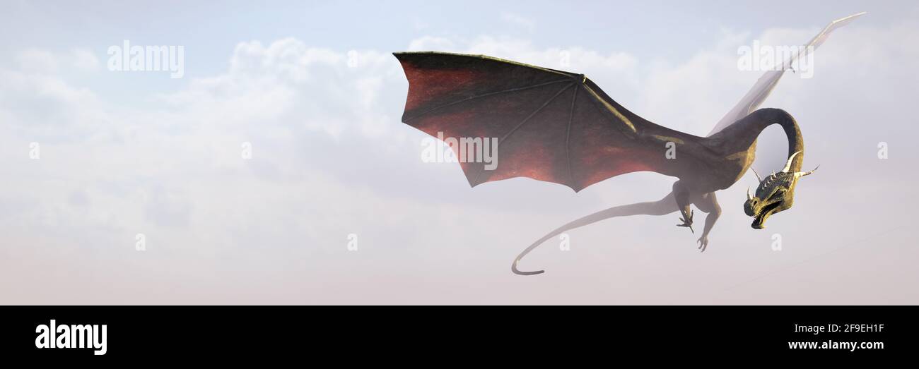 drago che vola attraverso le nuvole (banner di rendering 3d) Foto Stock