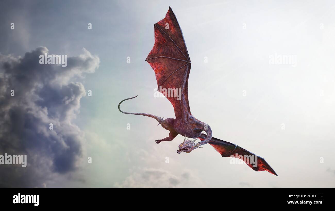 drago, gigantesca creatura fiaba che vola attraverso le nuvole (rendering fantasy 3d) Foto Stock
