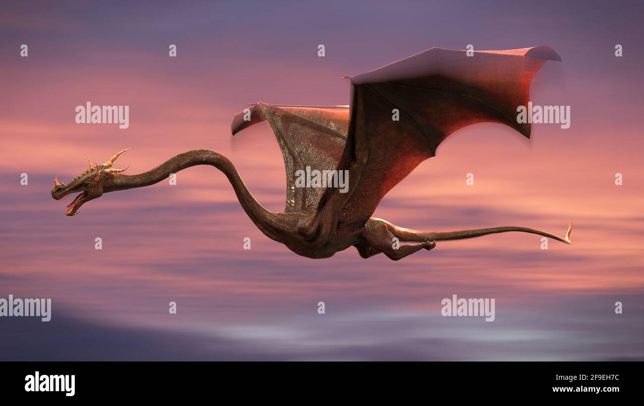 bellissimo drago, creatura fiaba rossa che vola nel cielo (rendering fantasy 3d) Foto Stock