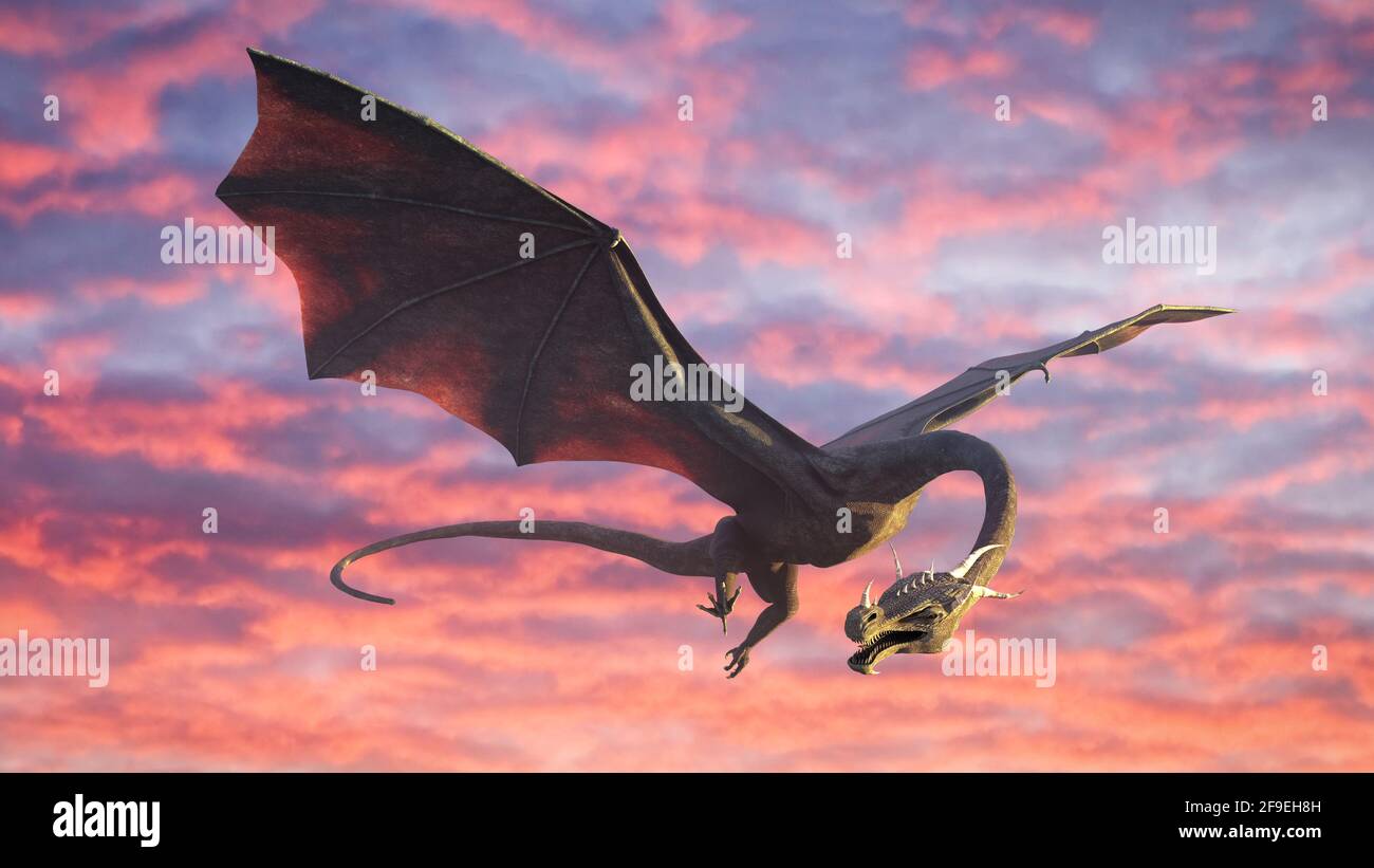 bellissimo drago, creatura fiaba che vola nel cielo (rendering 3d) Foto Stock