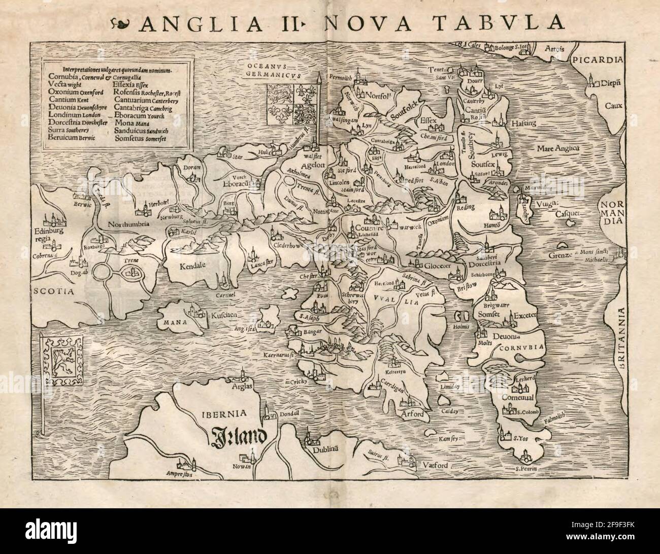 Bella carta d'epoca disegnata a mano illustrazione dell'Inghilterra da Geographia Universalis, Vetus et Nova dal 1542. Ha mostrato mondo conosciuto fino a quel tempo. Foto Stock