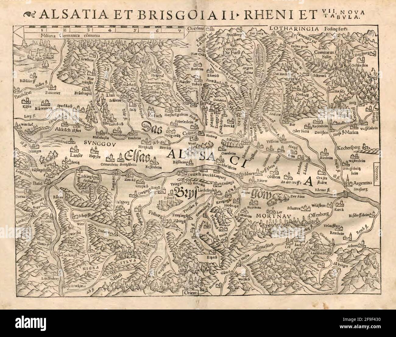 Bella carta d'epoca disegnata a mano illustrazione di Alsatia da Geographia Universalis, Vetus et Nova dal 1542. Ha mostrato mondo conosciuto fino a quel tempo. Foto Stock