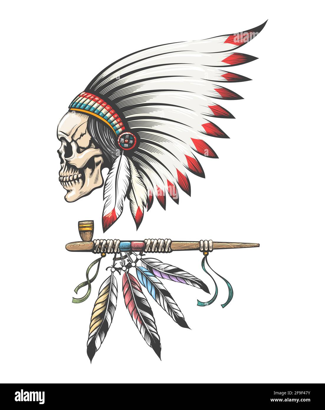 Cranio indiano americano capo in Feathers tradizionale Headwear e Smoking Pipe. Illustrazione vettoriale. Illustrazione Vettoriale