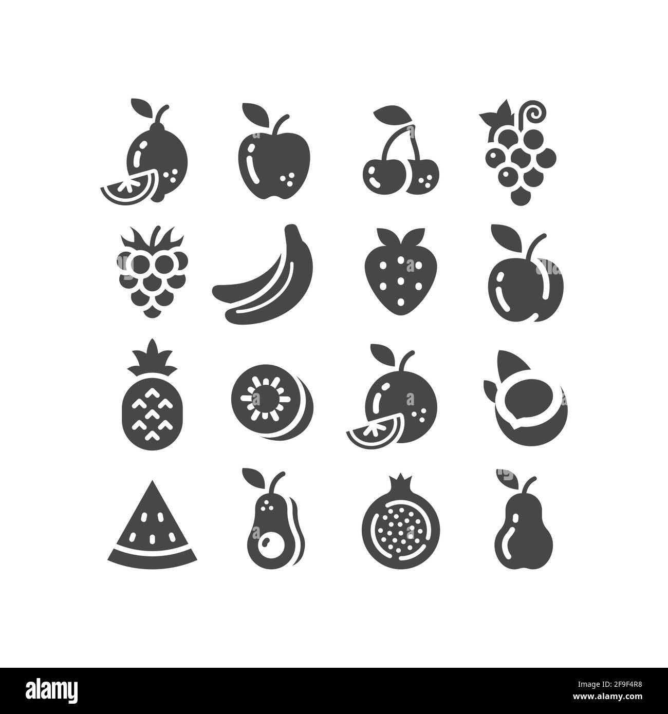 Insieme di icone vettoriali nero frutta. Icone di mela, limone, banana, frutta. Illustrazione Vettoriale