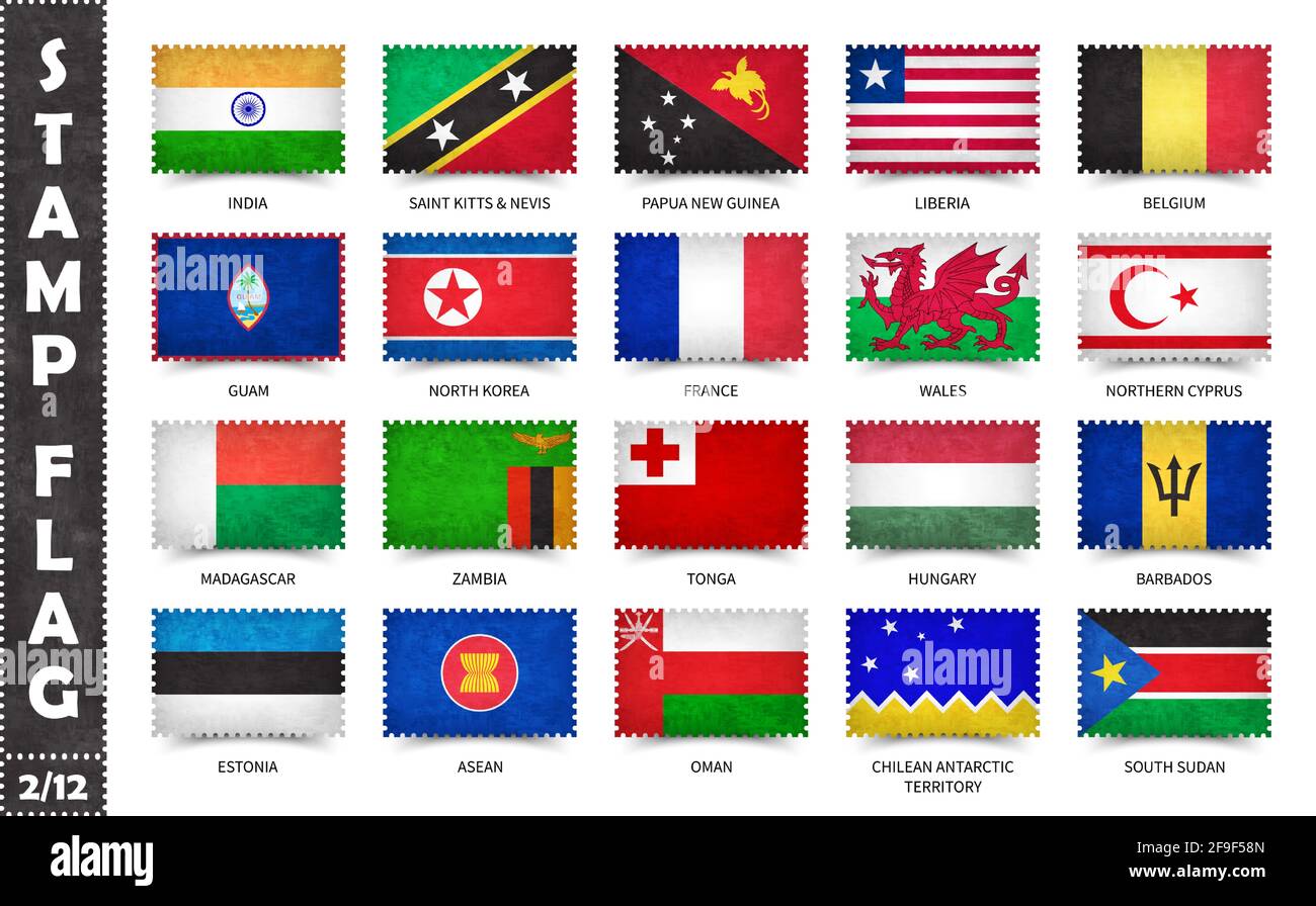 Timbro con modello ufficiale di bandiera del paese e vecchia grana e nome del paese . Forma rettangolare . Vettore . Impostare 2 di 12 su questa serie ( tutte le natie Illustrazione Vettoriale
