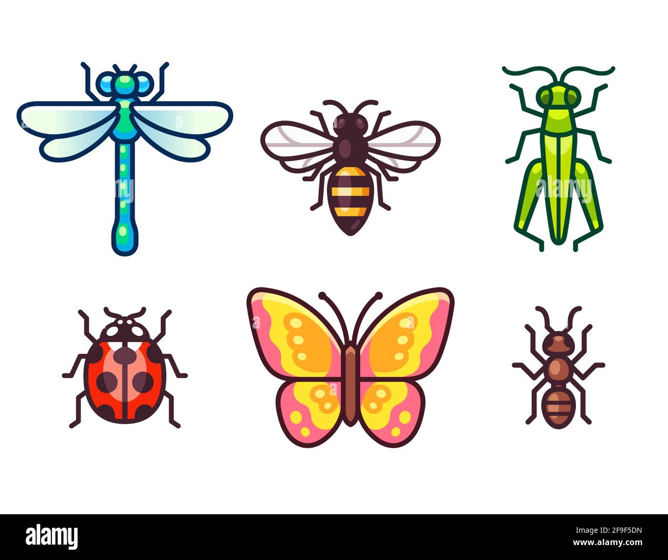 Set di icone insetti cartoni animati. Ape, ant, gracshopper, libellula, farfalla e ladybug. Semplice set di clip art vettoriali. Illustrazione Vettoriale