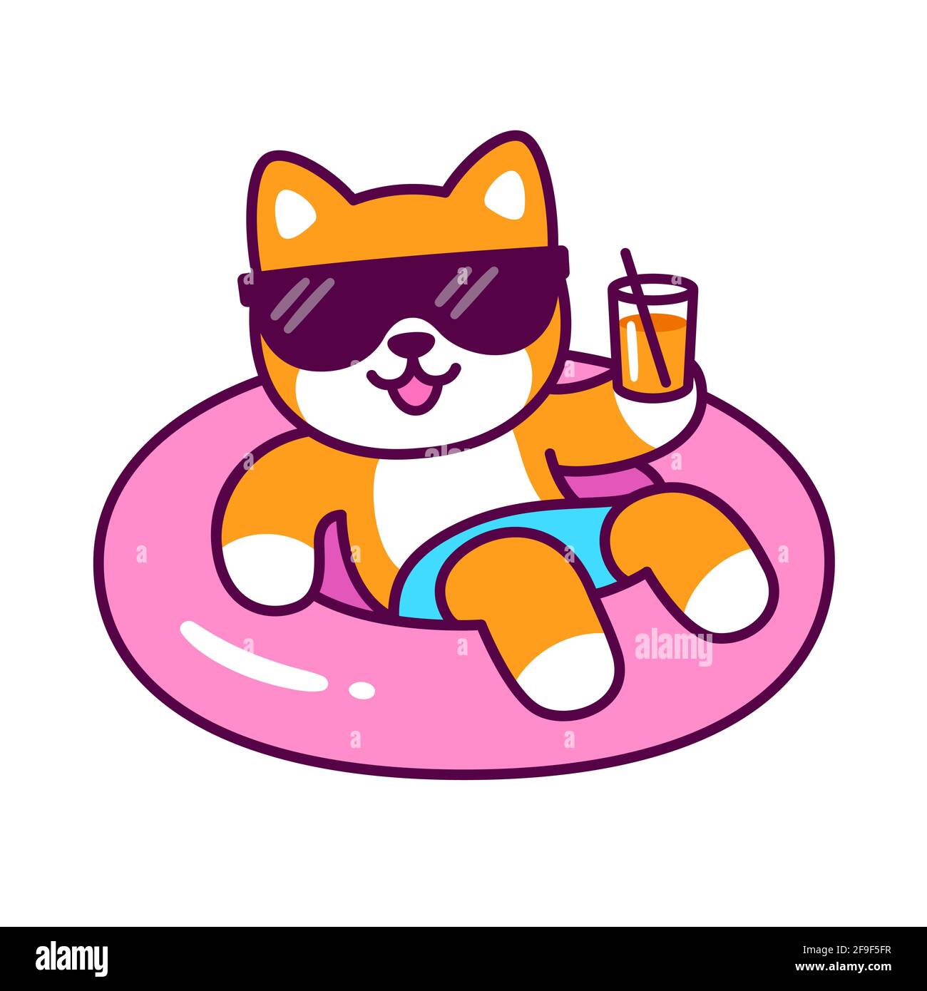 Simpatico cane fumetto in occhiali da sole sul galleggiante della piscina che tiene un bicchiere di bevanda. Carino personaggio Shiba Inu durante la festa estiva in piscina. Immagine vettoriale clip art. Illustrazione Vettoriale