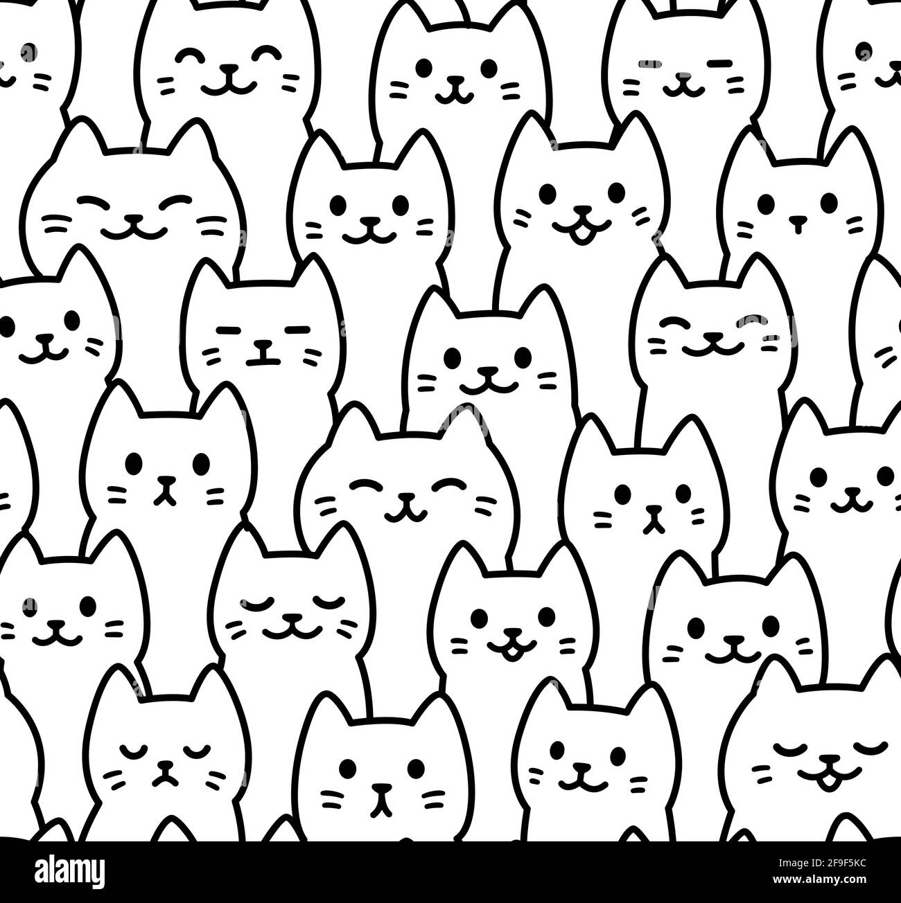 Carino cartone animato doodle gatti modello. Linea bianca e nera disegnata a mano, facce di gatto kawaii. Sfondo senza giunture, illustrazione vettoriale. Illustrazione Vettoriale