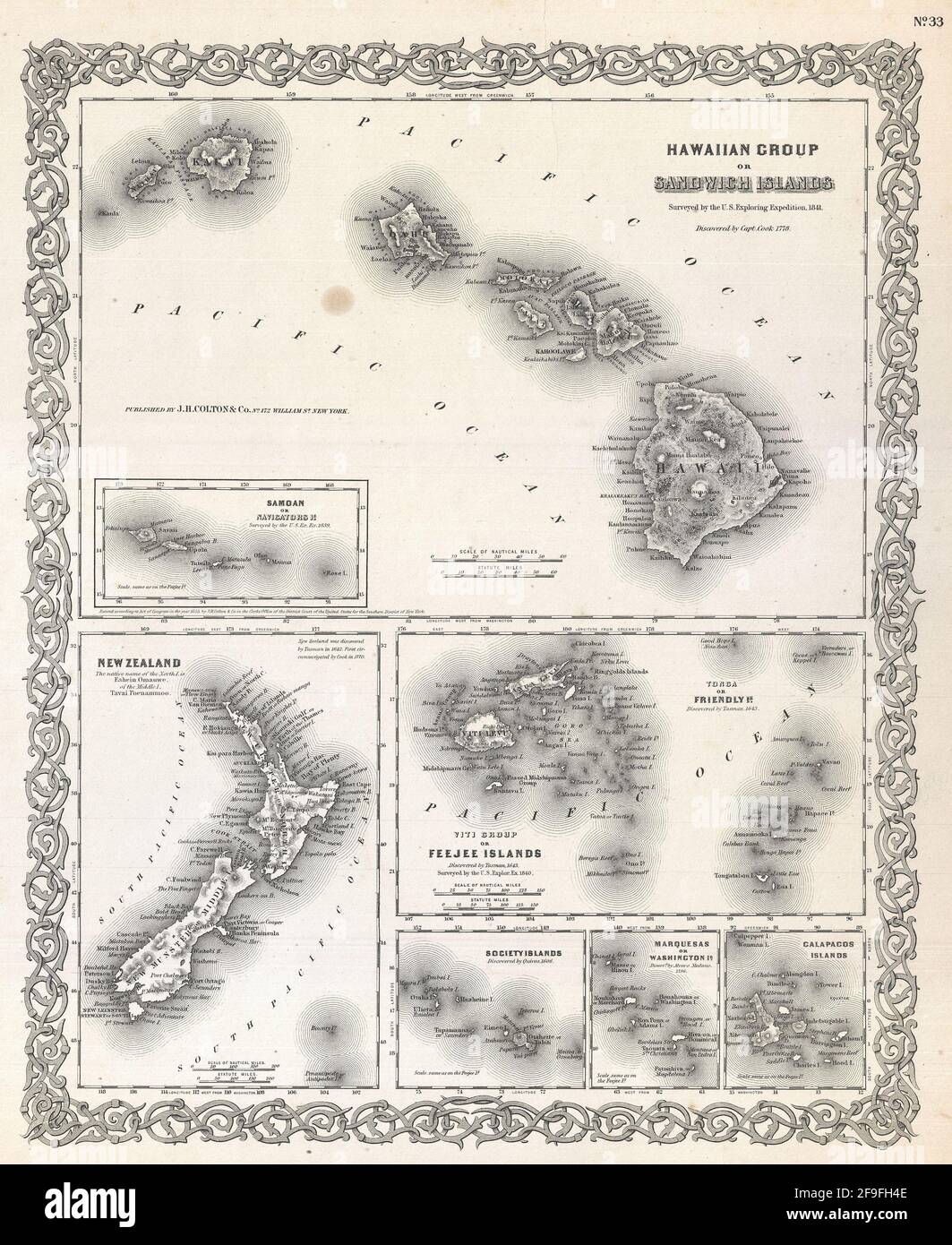 Bella carta d'epoca disegnata a mano da Colton delle Hawaii dal 1860 con belle mappe colorate e illustrazioni di paesi, regioni e oceani. Foto Stock