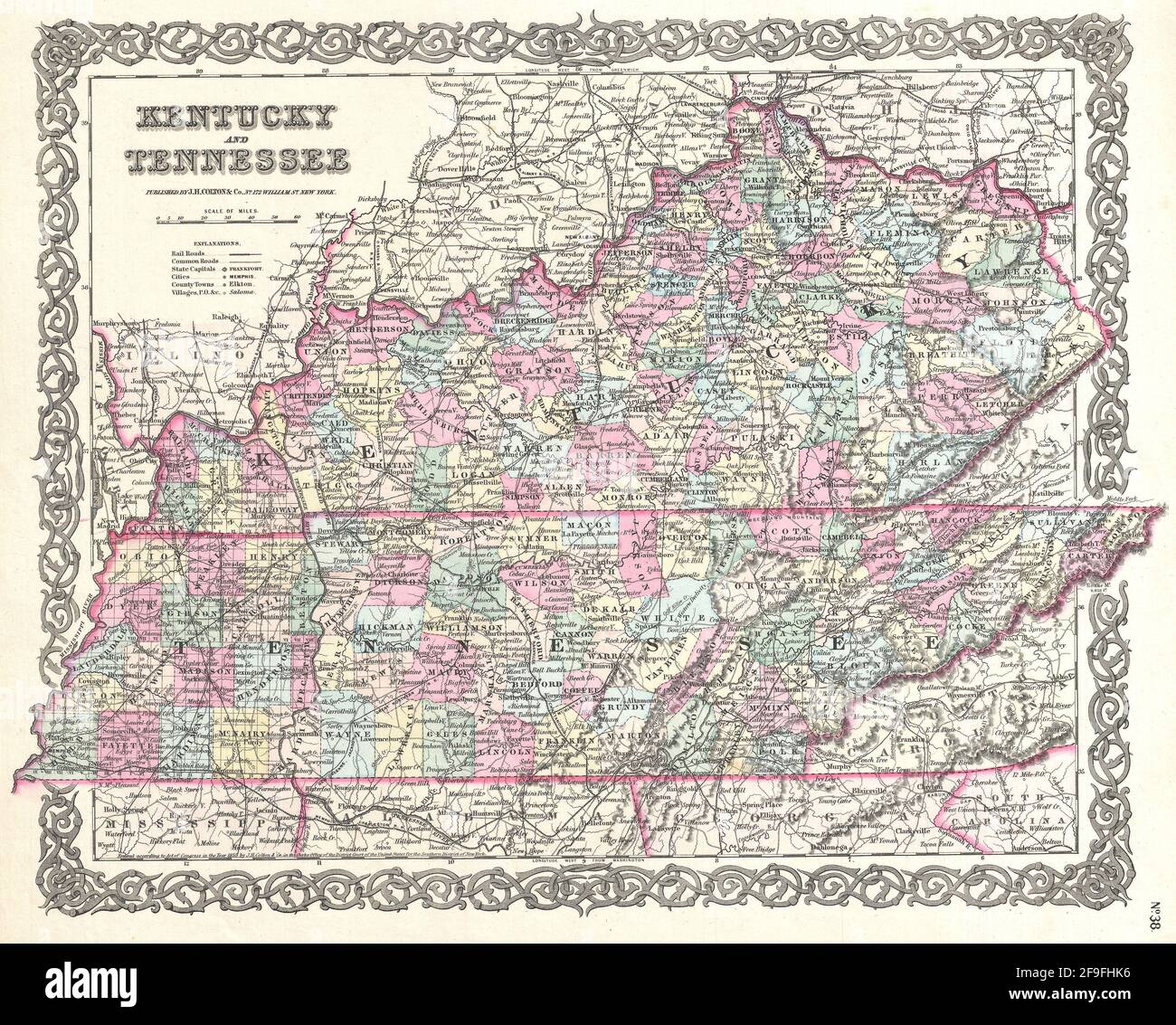 Bella vintage mano disegnata Colton mappa del Tennessee dal 1860 con belle mappe colorate e illustrazioni di paesi, regioni e oceani. Foto Stock