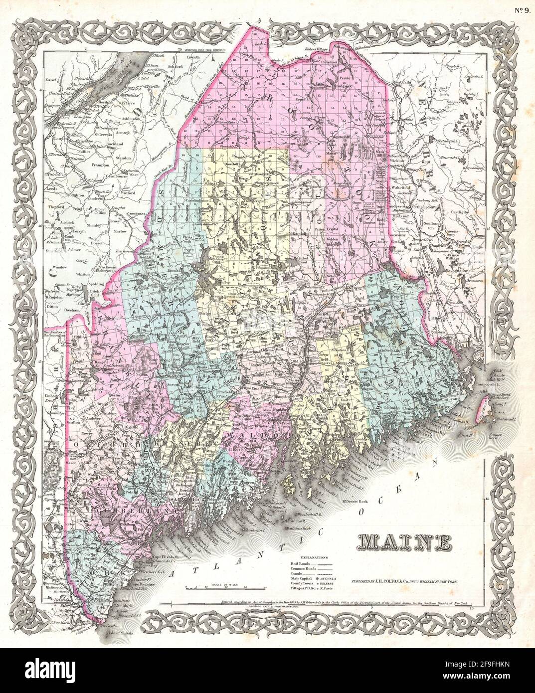 Bella vintage mano disegnata Colton mappa del Maine dal 1860 con belle mappe colorate e illustrazioni di paesi, regioni e oceani. Foto Stock