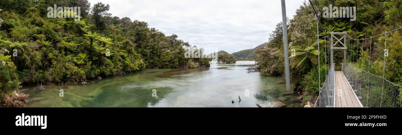 Vista panoramica del ponte sospeso su un fiume al Parco Nazionale Abel Tasman, Nuova Zelanda Foto Stock