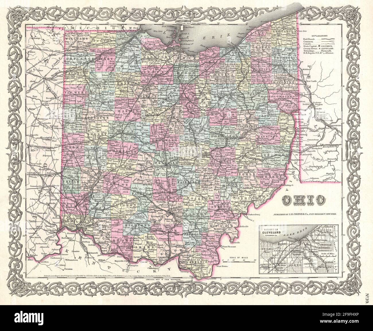 Bella vintage mano disegnata Colton mappa dell'Ohio dal 1860 con belle ...