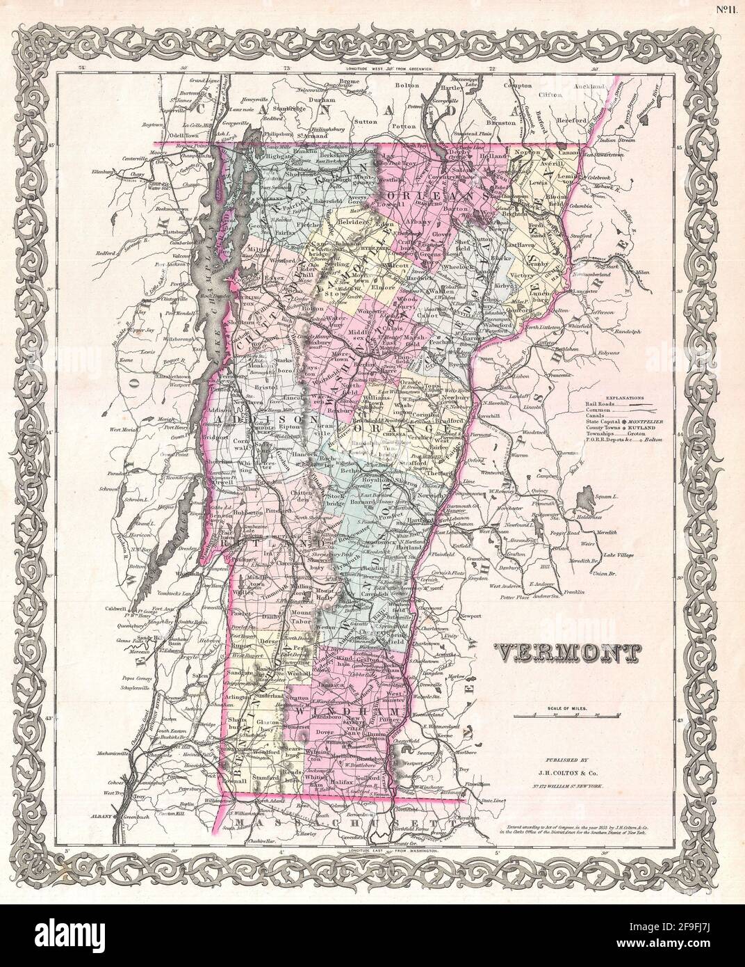 Bella vintage mano disegnata Colton mappa del Vermont dal 1860 con belle mappe colorate e illustrazioni di paesi, regioni e oceani. Foto Stock