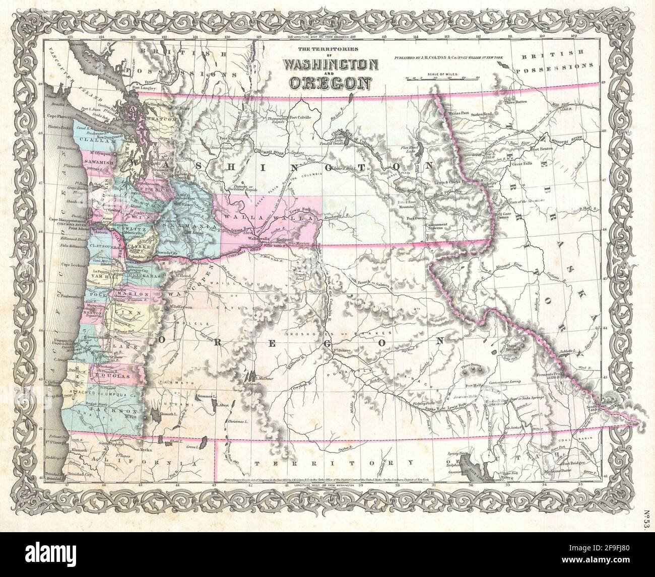 Bella carta d'epoca disegnata a mano Colton dell'Oregon dal 1860 con belle mappe colorate e illustrazioni di paesi, regioni e oceani. Foto Stock