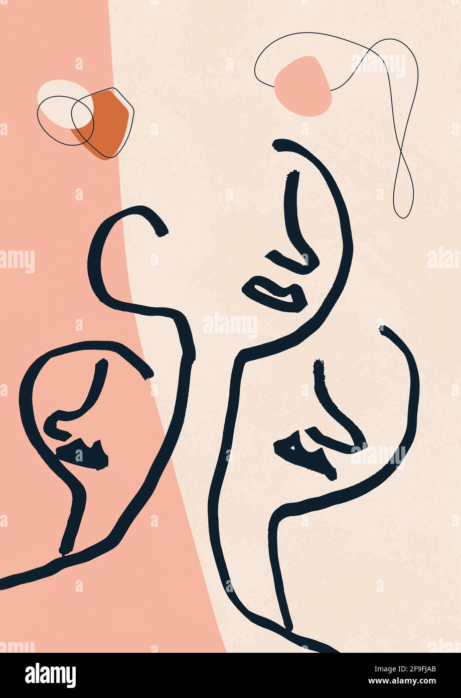Linee disegnate a mano facce verticali. Design contemporaneo e alla moda in stile boho per prodotti d'arte, stampa e poster. Illustrazione disegnata a mano. Foto Stock