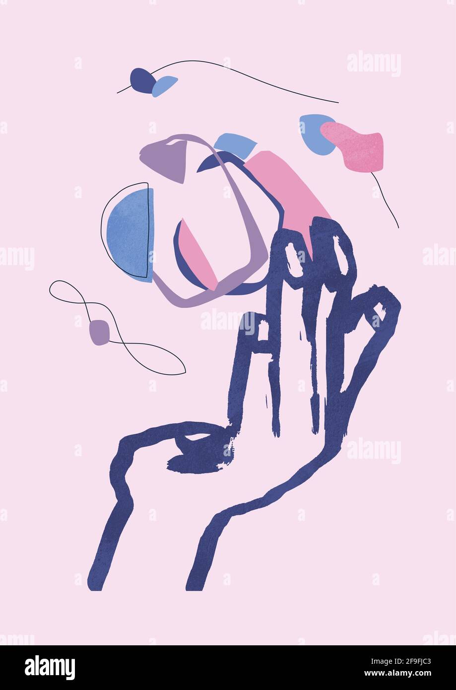 Mano con elementi galleggianti in colori pastello. Schizzo disegnato a mano in stile boho. Per decorazione, stampa, poster e prodotti d'arte. Foto Stock