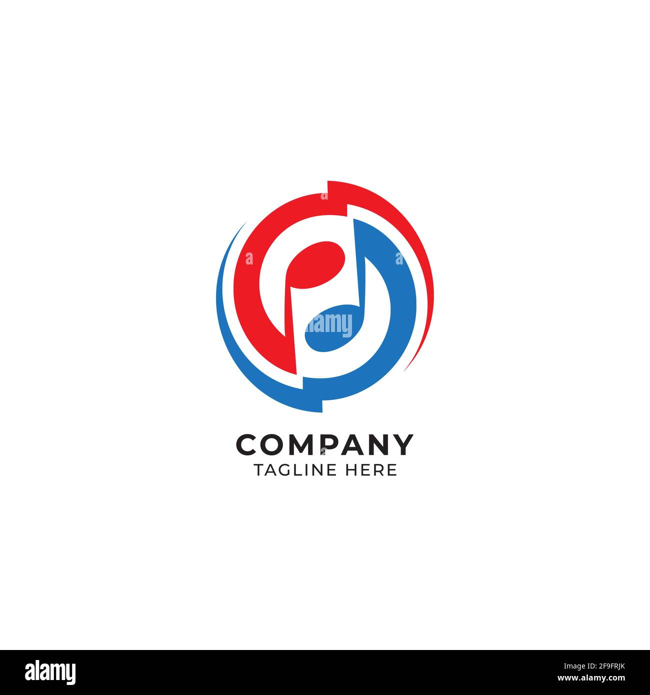 Modello circolare per il design del logo della nota musicale. Logo Yin yang rosso e blu. Illustrazione vettoriale isolata su sfondo bianco Illustrazione Vettoriale