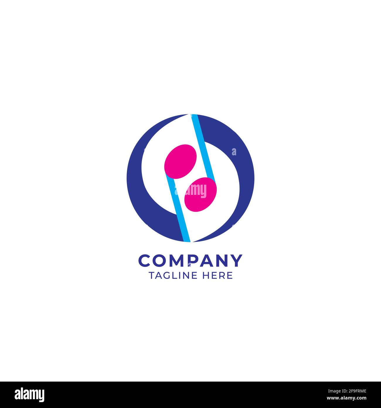 Modello circolare per il design del logo della nota musicale. Colore rosa magenta, chiaro e blu scuro. Illustrazione vettoriale isolata su sfondo bianco Illustrazione Vettoriale