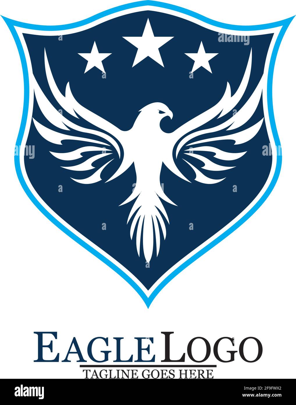 Modello con logo Eagle con uno scudo e stelle. Illustrazione vettoriale. Illustrazione Vettoriale