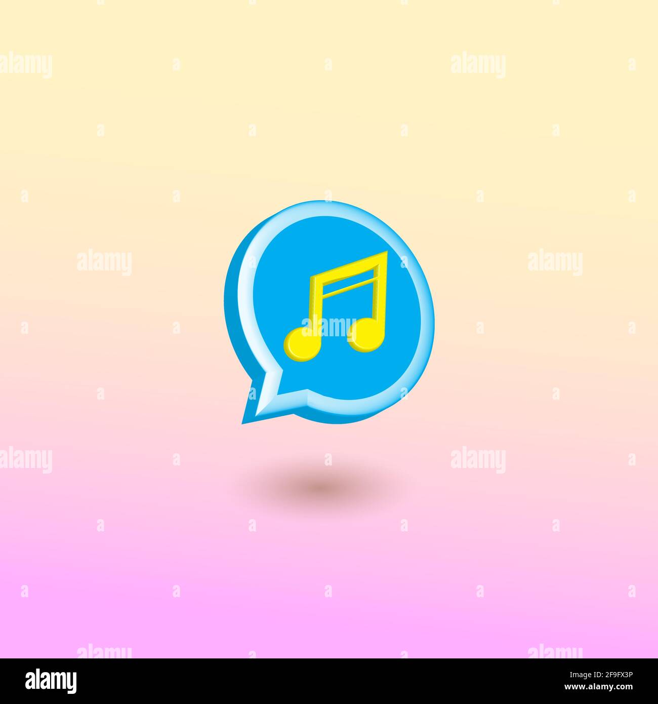 Blue Chat Bubble con nota musicale gialla, trasmessa via IR sedicesimo Nota in morbido colore di sfondo gradazione. Illustrazione vettoriale 3D creativa. Illustrazione Vettoriale