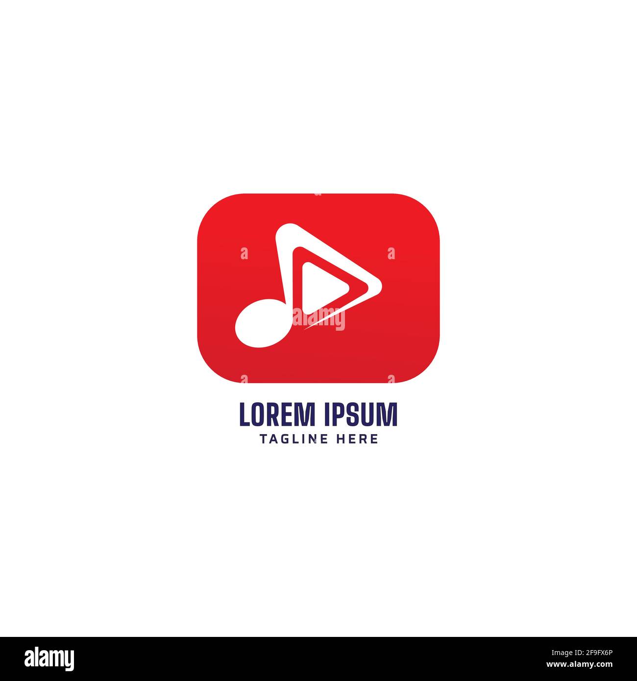 Pulsante di riproduzione rosso con icona di nota musicale isolata su sfondo bianco. Modello di design del logo Music TV Channel. Illustrazione vettoriale. Illustrazione Vettoriale