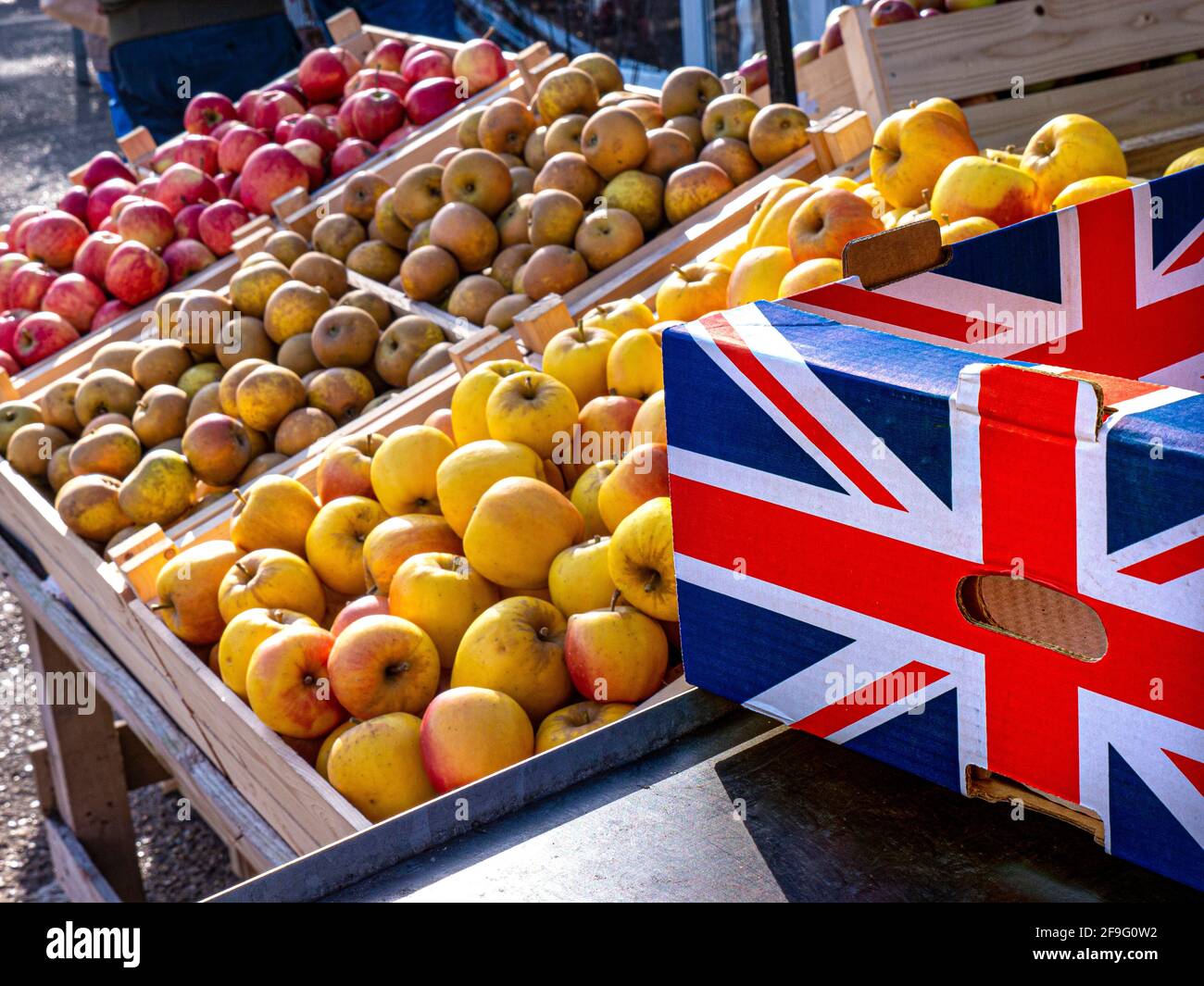 English Apples Unione bandiera produrre Farmers Market stall Pinova / Russet / Opal mele illuminato tardo autunno al sole con Union Jack sulla cassa di Apple Foto Stock
