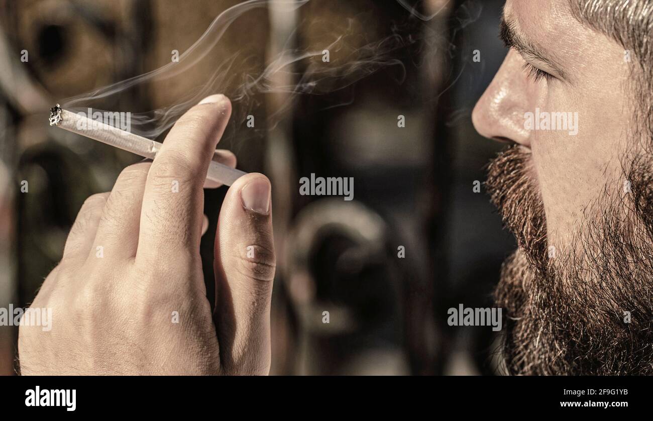Uomo che fuma con barba. L'uomo giovane dell'hippster fuma. Uomo bearded con sigaro. La barba e i baffi fumano il sigaro. Sigari che smolderano Foto Stock