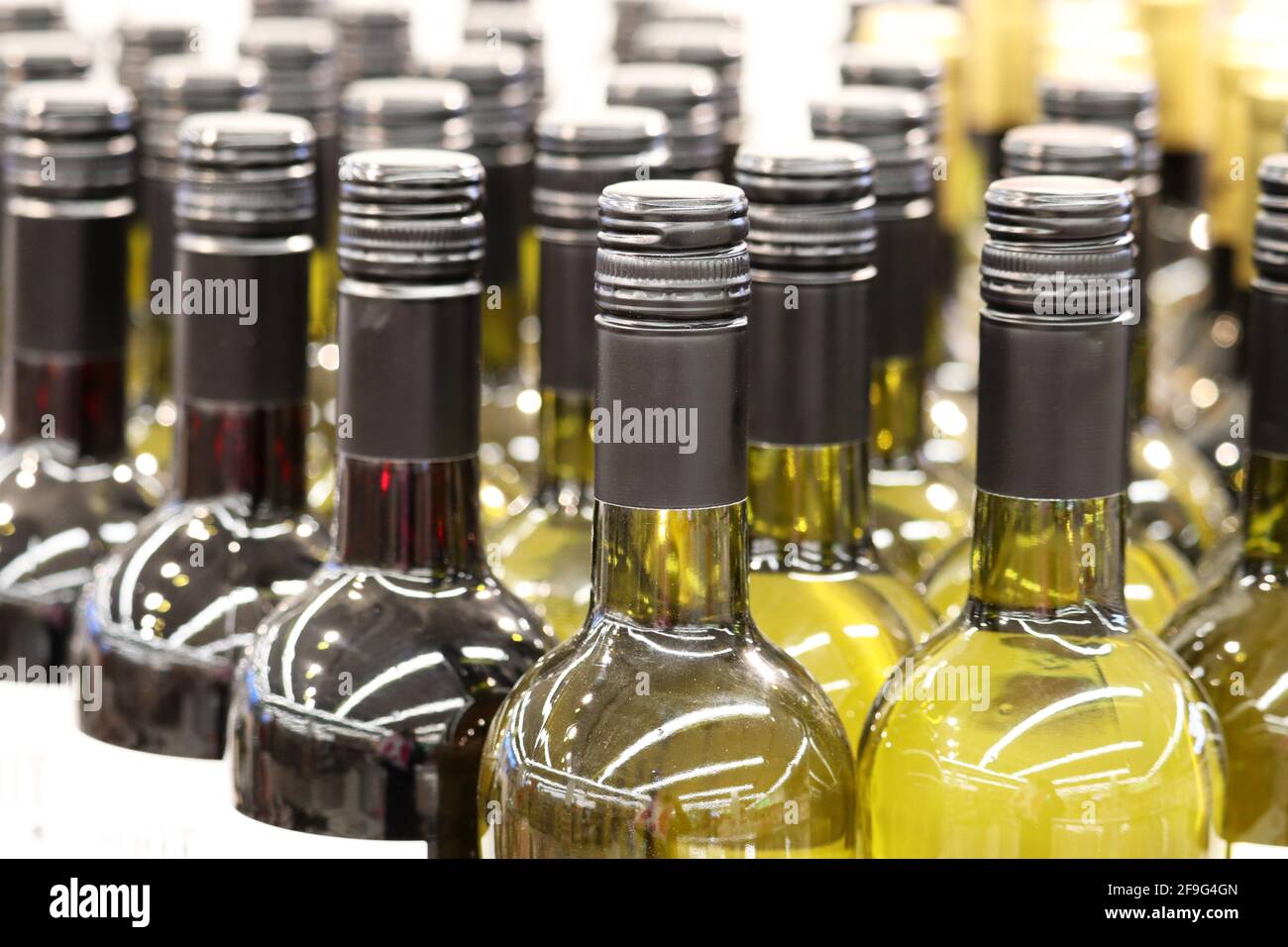 Bottiglie di vino in fila, fuoco selettivo. Negozio di liquori, concetto di produzione di vino bianco e rosso Foto Stock