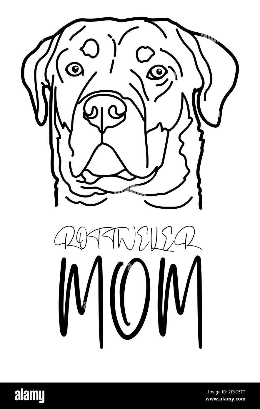 Rottweiler cane razza animale domestico ritratto e scritta a mano, Rottweiler mamma, isolato su sfondo bianco, illustrazione vettoriale. Illustrazione Vettoriale