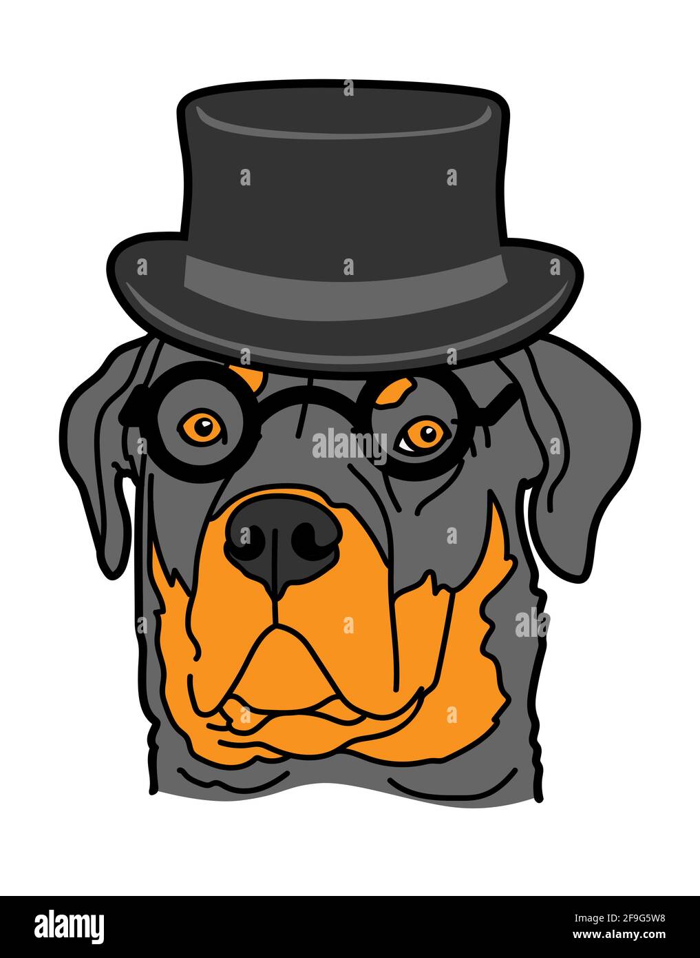 Rottweiler cane razza animale domestico ritratto indossare cappello e occhiali iisolato su sfondo bianco, illustrazione vettoriale. Illustrazione Vettoriale