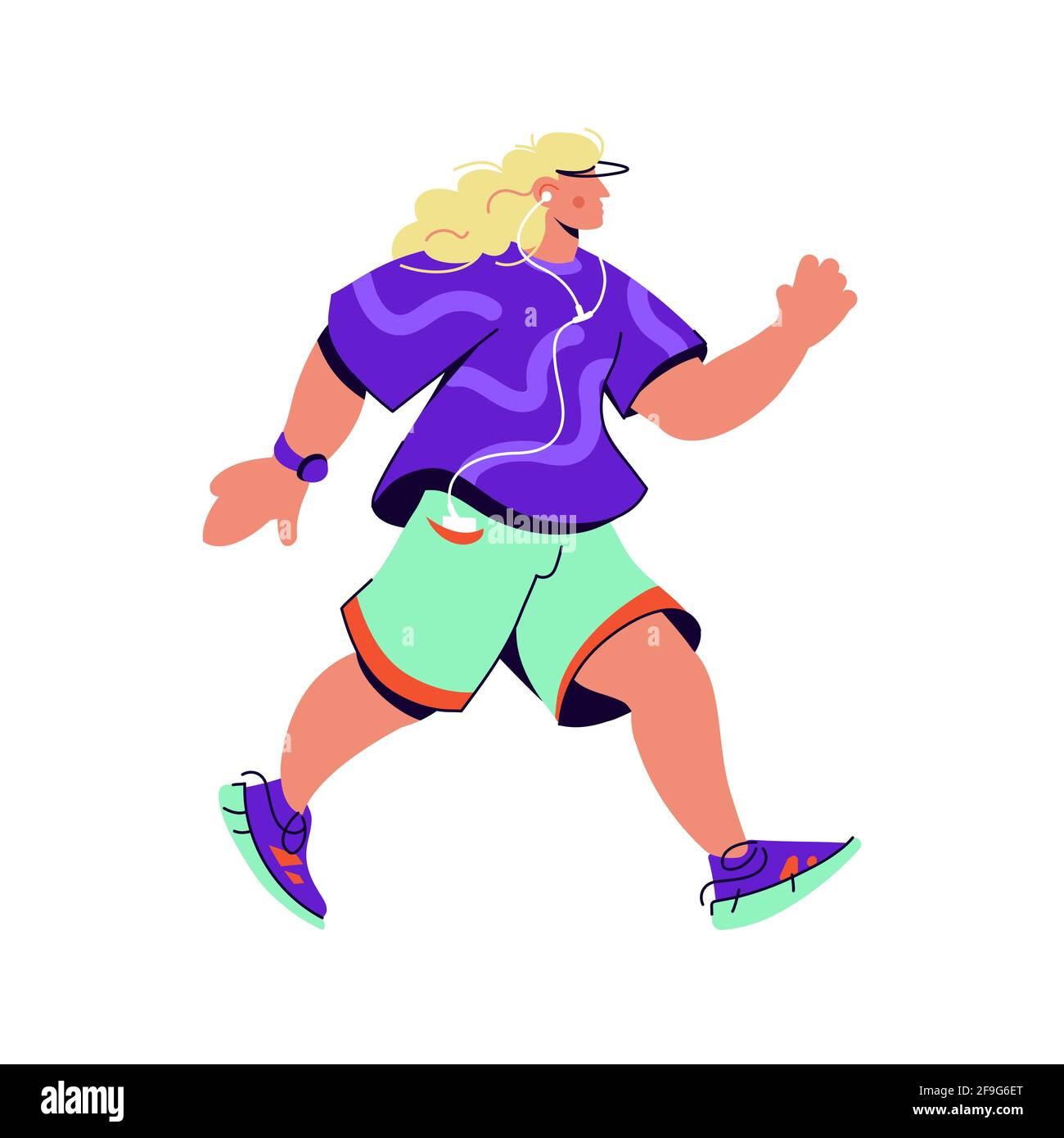 Immagine vettoriale di running sportivo forte con lunghi capelli biondi isolati su sfondo bianco. Giovane uomo che fa esercizi di colore piano design. Mano d Illustrazione Vettoriale