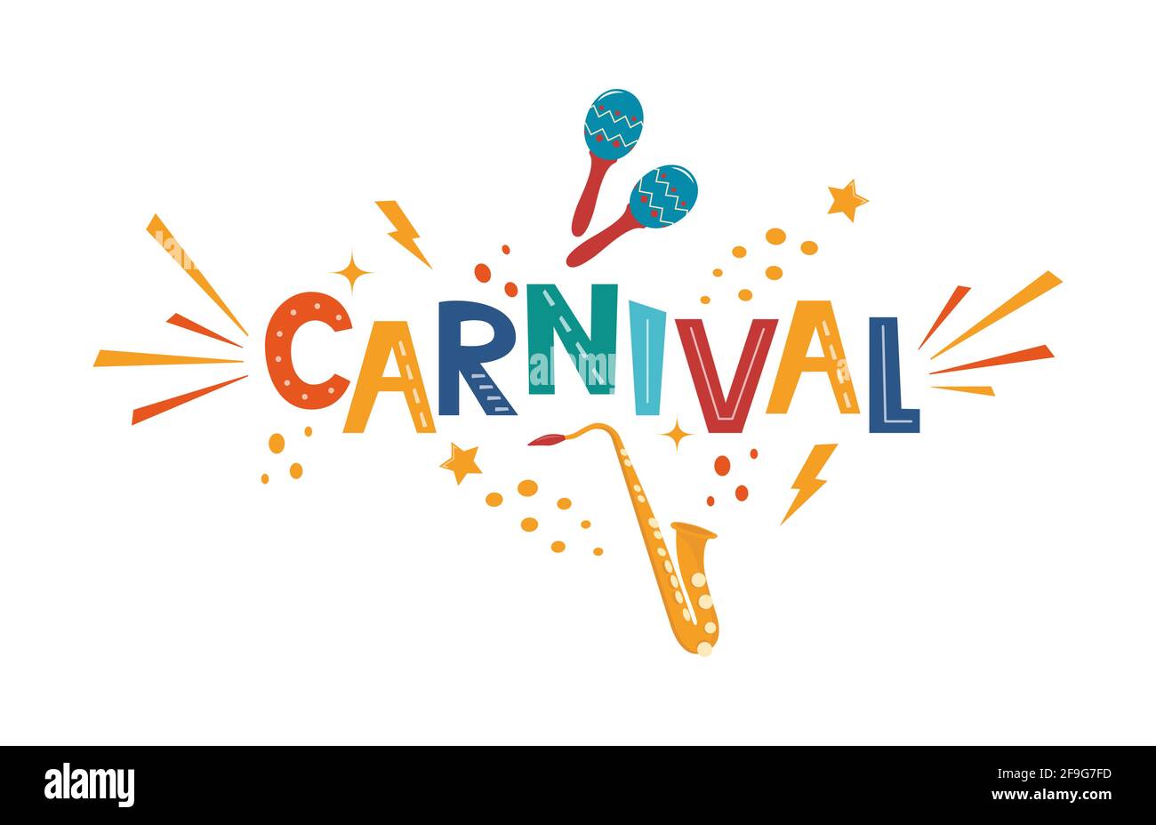 Carnival scritta disegnata a mano per poster, logo, biglietto di invito, banner. Carnevalesco con elementi di festa colorati - maracas, sassofono, confetti, sp Illustrazione Vettoriale